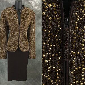 NWT BEAUTIFUL st john evening knit brown rhinestones embellished skirt suit 16